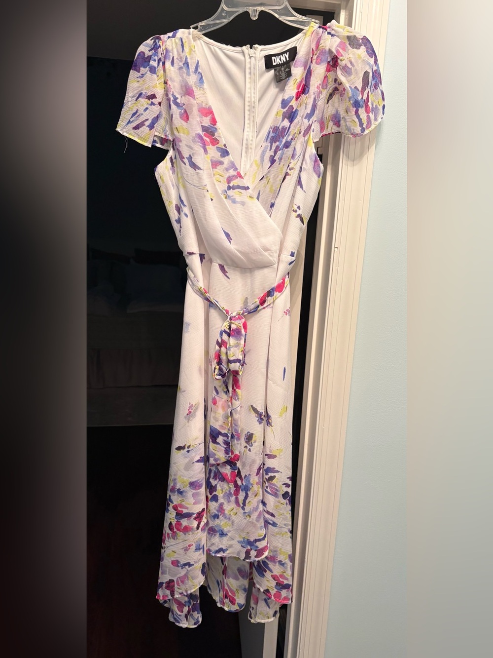 Dkny White Wrap Midi Dress with Purple, Pink & Yellow Floral Accents